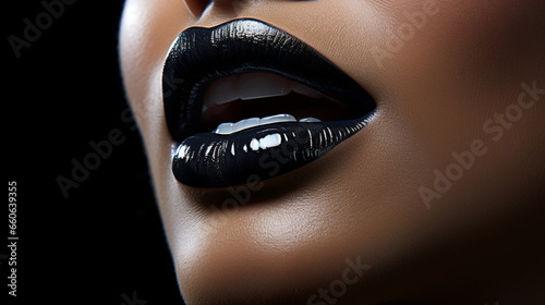 Lips painted black on the cover of 'LIPS'. Mysterio's Lips: Eclipse of Style on the Cover of 'LIPS'. Intenso Noir: Deeply Black Lips on the Cover of 'LIPS'.