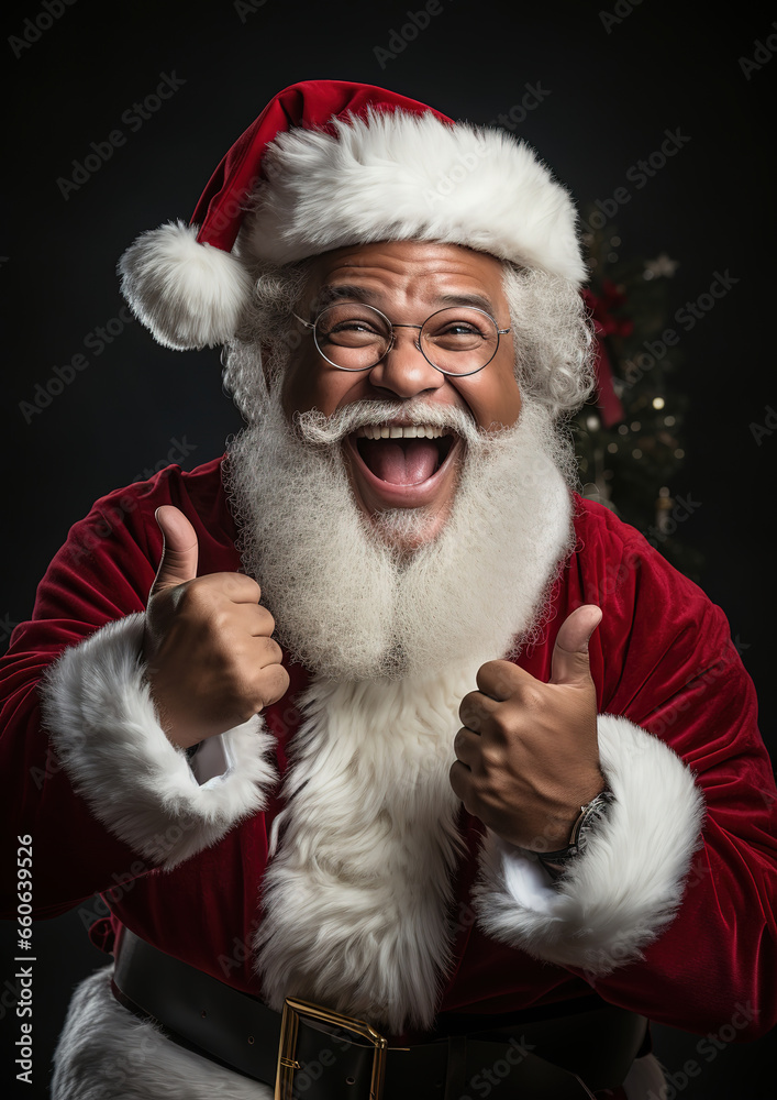 Naklejka premium Happy afro american Santa Claus with thumb up on red background, generative ai 