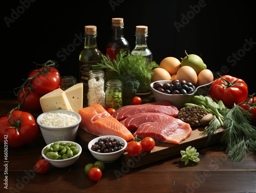 Arrangement of Raw Meat, Milk, Eggs, and Vegetables on Black Background