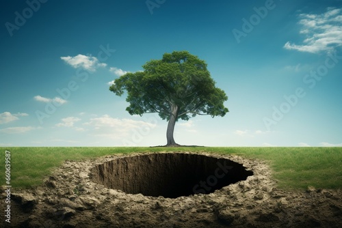 A hole and a tree represent responsible land use in the regenerative agriculture concept. Generative AI