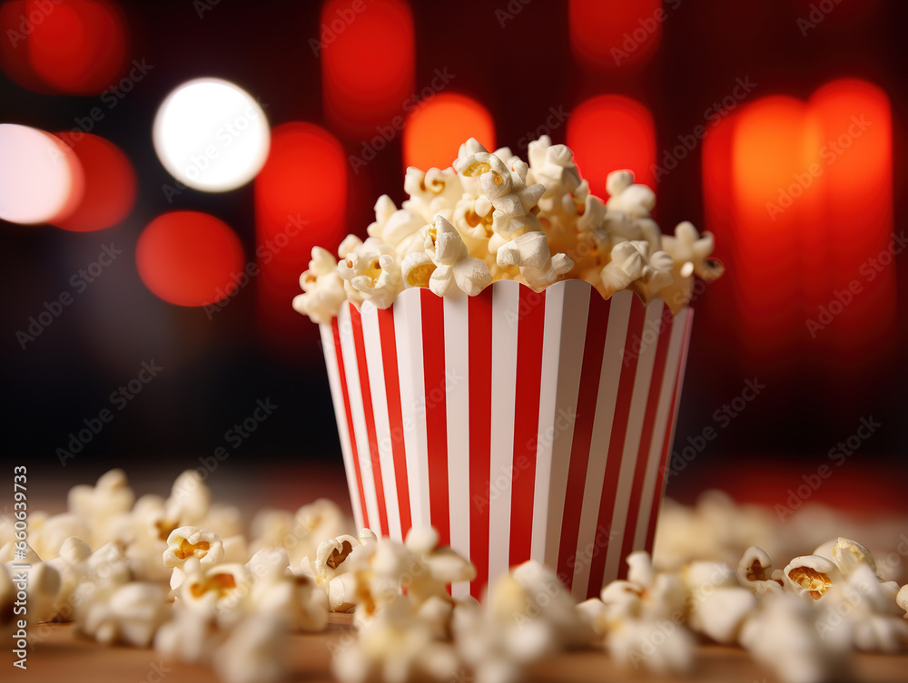 popcorn in the red white bucket, bokeh background, generative ai popcorn in the red white bucket, bokeh background, generative ai