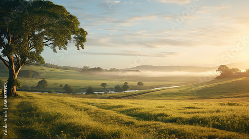 tranquil countryside landscape at sunrise, generative ai 