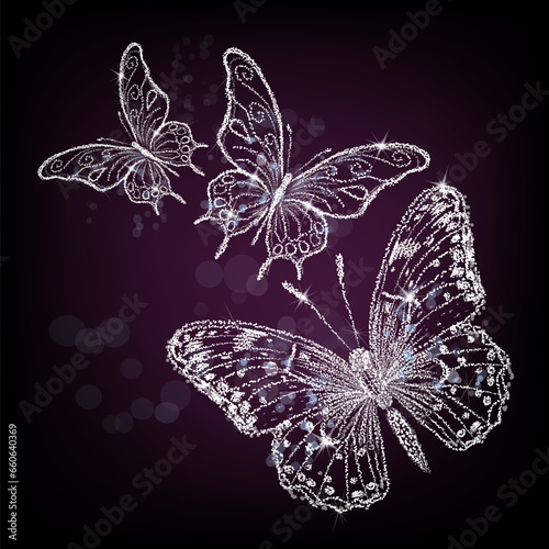 Sparkling butterflies on a purple background. hand drawing. Not AI, Illustrat3 . Vector illustration