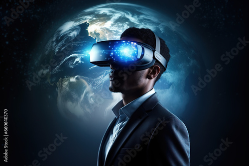 Porte of a man in virtual reality glasses against the background of the plateau. Young man gaming, wearing smart glasses for playing online.
