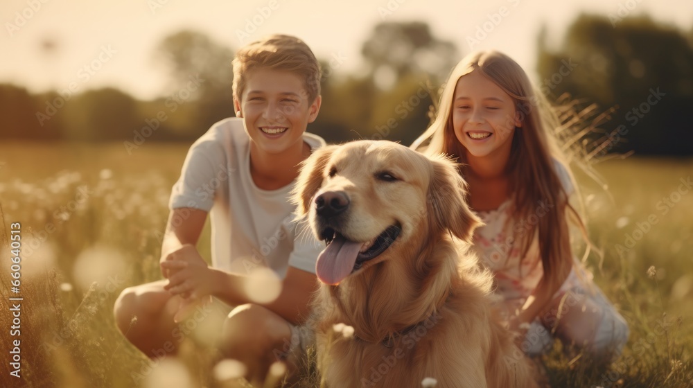 A boy and a girl enjoying a sunny day in the field with their beloved dog