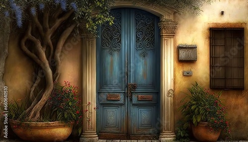 Mediterrean style greek blue color front door with clay wall and natural wood elements