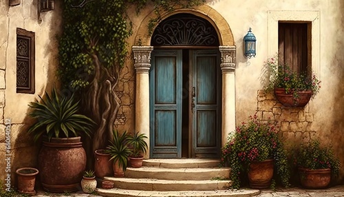 Mediterrean style greek blue color front door with clay wall and natural wood elements