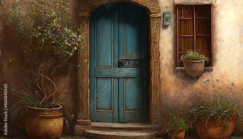 Mediterrean style greek blue color front door with clay wall and natural wood elements © Csaba