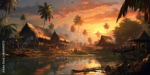 Beautiful Landscape of Village with with Coconut Tress at Sunset © Resdika