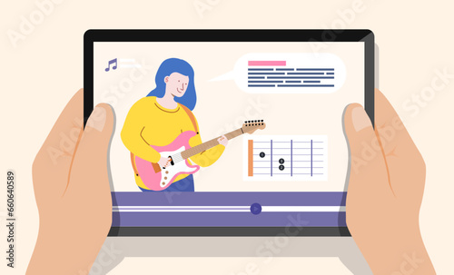Online guitar lessons concept illustration. Music course concept, distance learning from home. Online study, education. Cartoon people vector illustration. Vector 10 eps