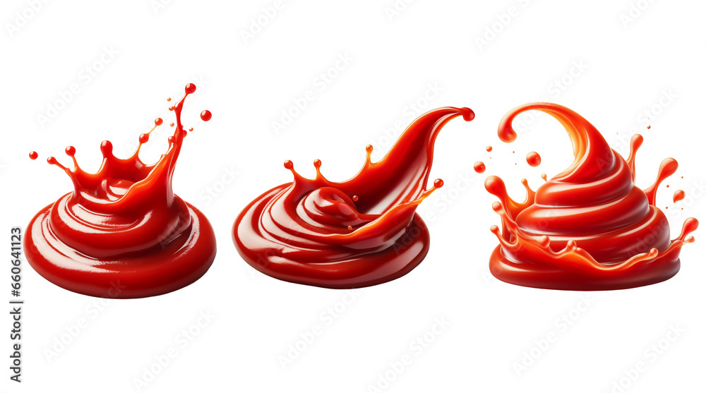 Set of various splashes of ketchup or sauce isolated on white, transparent background. 