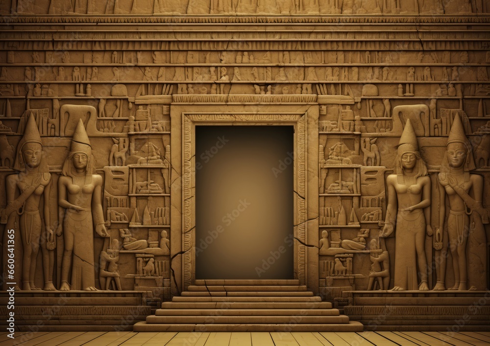 An Egyptian temple with open doors and statues of ancient Egyptian gods