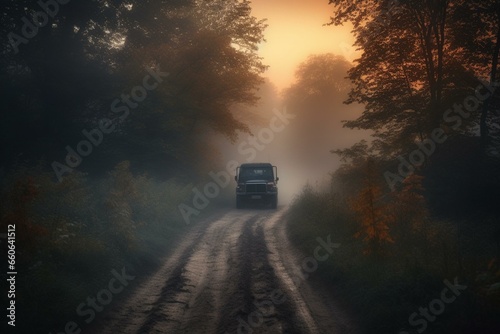 A misty evening on a path with a vehicle moving along. Generative AI