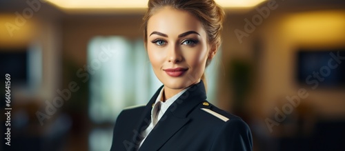 smiling flight attendant in uniform looking at the camera photo