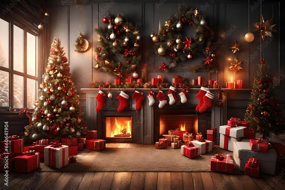 Christmas interior, complete with a decorated tree, crackling fireplace, and presents beneath, setting the perfect stage for a beautiful and festive Christmas wallpaper