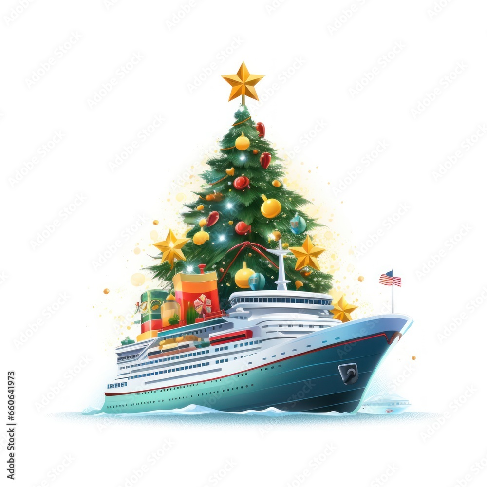 Christmas holidays on a cruise ship on white background - obrazy, fototapety, plakaty 