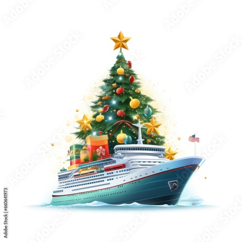 Christmas holidays on a cruise ship on white background
