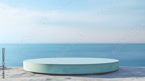 Round Stone Podium in cyan Colors in front of a blurred Seascape. Luxury Backdrop for Product Presentation