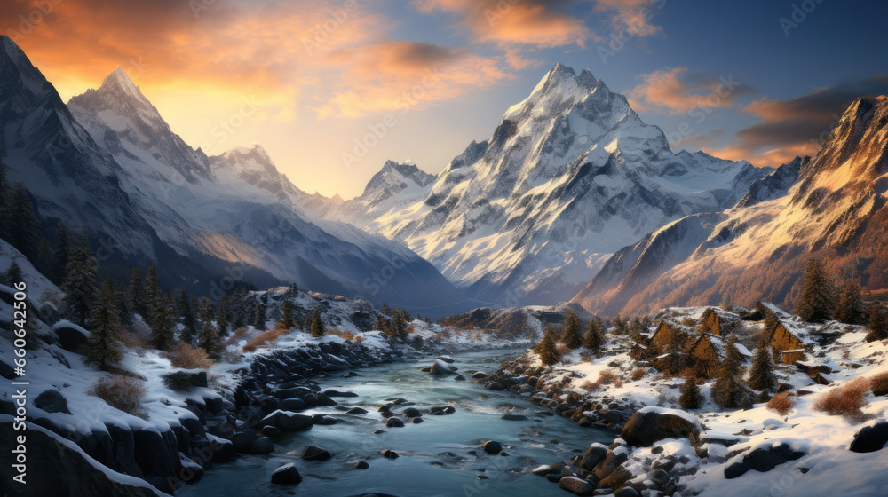 Captivating Winter Wonderland - Majestic Snowy Peaks and Crisp, Invigorating Air in this Picturesque Landscape