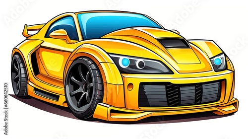 a cartoon yellow sports car with a blue nose and hood. generative ai