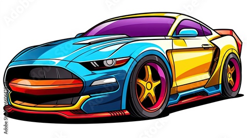  a cartoon car painted in bright colors with a white background.  generative ai