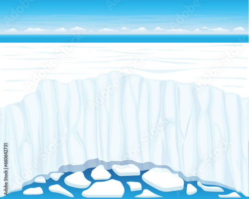 vector illustration of a view of the vast expanse of ice cliffs at the north pole and you can see small pieces of ice floating in the blue sea and there is a blue sky and clouds