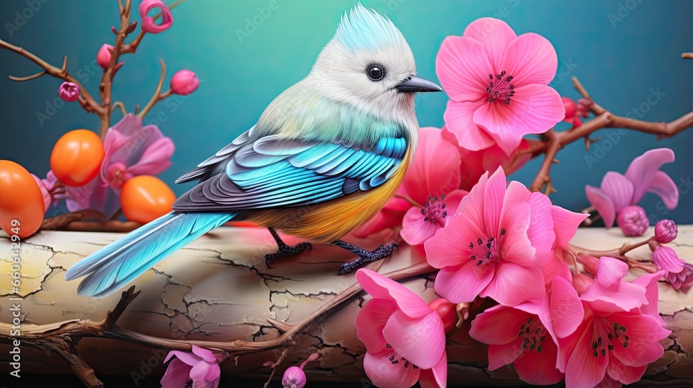  a colorful bird sitting on a branch surrounded by flowers and eggs.  generative ai