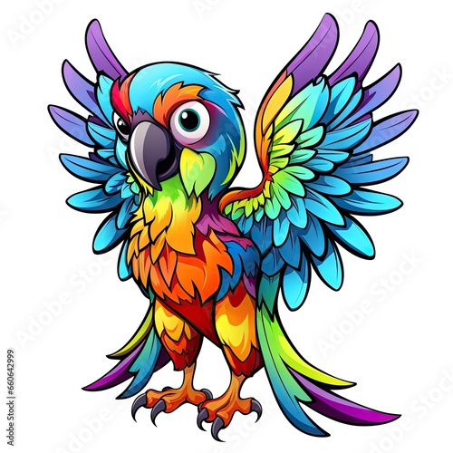  a colorful bird with wings spread out and eyes wide open.  generative ai