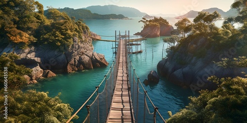 Photo Suspension Bridge Between Islands with Ocean View