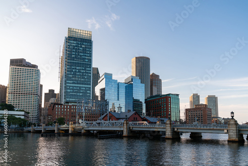An intellectual  technological and political center. Panoramic city view of Boston Harbour at day time  Massachusetts.