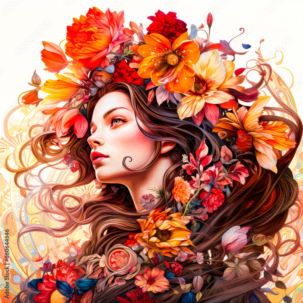 Abstract art collage of a young woman face surrounded by vibrant floral elements exuding creativity