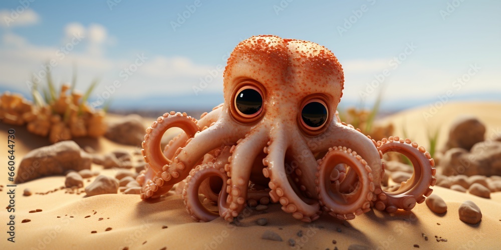 Cute Octopus on Desert Sand with Blue Sky View