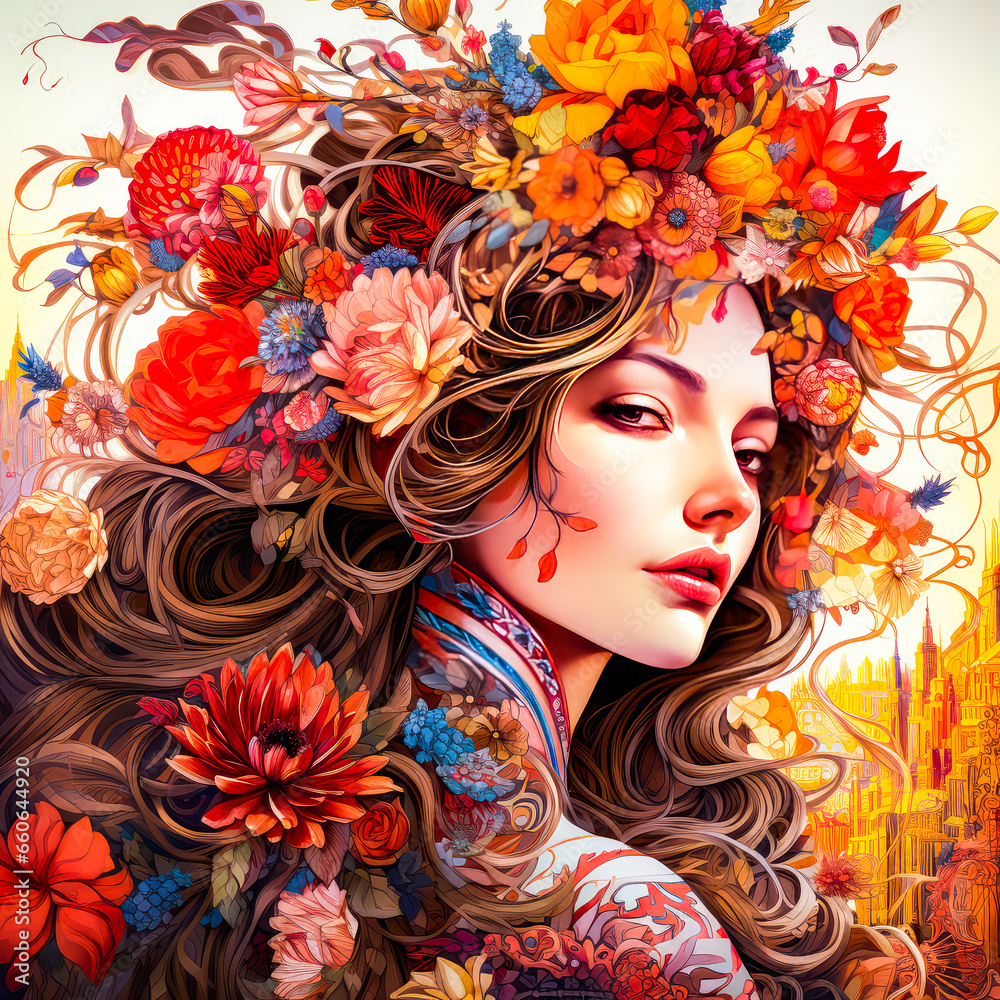 Abstract art portrait of a young woman with floral elements combining fantasy and femininity