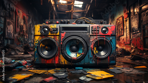 A tape recorder from the 80s in the room painted with graffiti