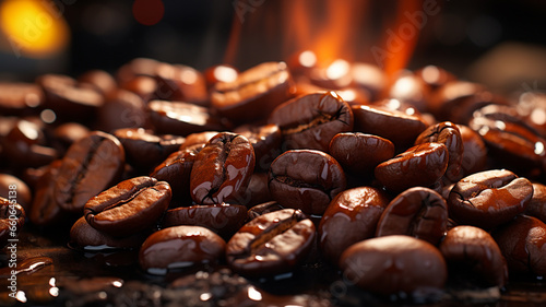roasted coffee beans on wooden tray