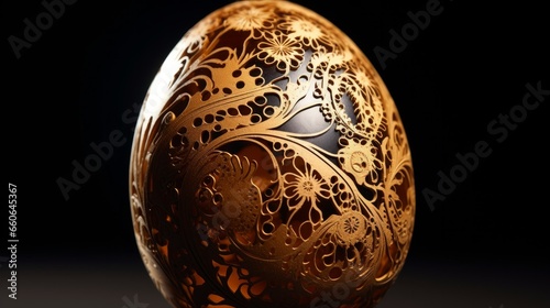 An egg covered in a highly intricate filligree pattern in different coours extreme detail photographic quality