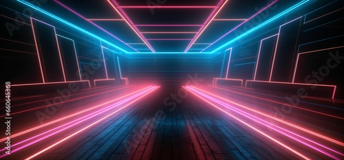 Modern Dark Room with Glowing Neon Lines with Retro 80s Style. Futuristic Interior with Laser Effect