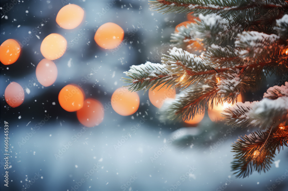 Naklejka premium Snow-covered Christmas tree branches with gold decorations outdoors