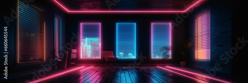 Modern Dark Room with Glowing Neon Lines with Retro 80s Style. Futuristic Interior with Laser Effect