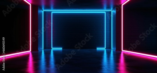 Modern Dark Room with Glowing Neon Lines with Retro 80s Style. Futuristic Interior with Laser Effect © Resdika