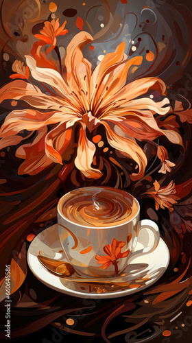 a painting of a coffee cup and saucer. Painting of a Coffee color flower, Perfect for Wall Art.