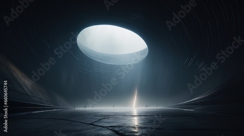 A moody foggy environment inside a curvilinear space looking up at a tall open oculus with light filtering down