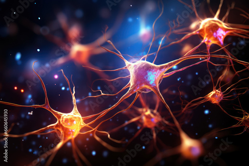 A complex network of neurons firing in the brain, illustrating the intricate workings of thought processes. Concept of neural connections. Generative Ai. photo