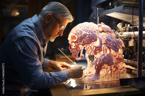 A scientist examining a brain specimen under a microscope, unraveling the mysteries of brain anatomy. Concept of neuroscientific research. Generative Ai. photo