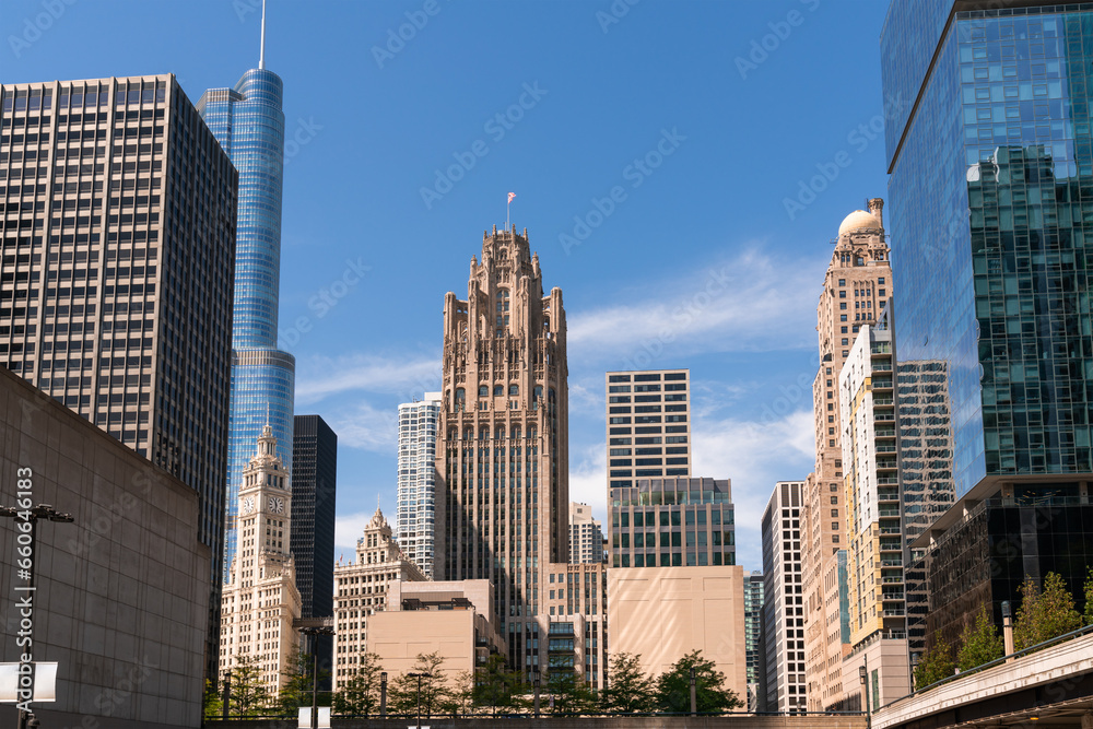 Panorama cityscape of Chicago downtown and River with bridges at day time, Chicago, Illinois, USA. A vibrant business neighborhood