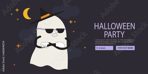 Groovy retro ghost halloween banner. Funky spooky boo character. Magic scary spirits in witch costume. Cartoon illustrations of comic phantom for web banner, poster, placard car or party invitation.