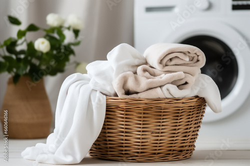 Clean laundry in basket on the background of washing machine in laundry room