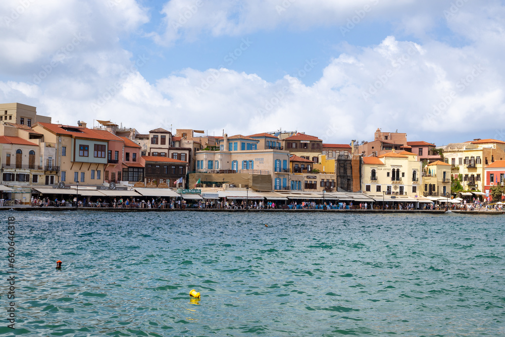 View from the Old Venetian Port of Chania. Beautiful, colorful buildings in the old town of Chania