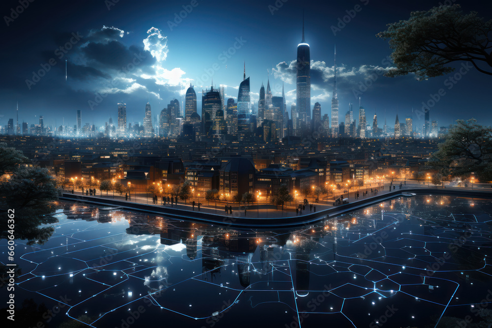 A futuristic cityscape with interconnected data networks, emphasizing the role of technology and connectivity in shaping the future of the brain. Generative Ai.