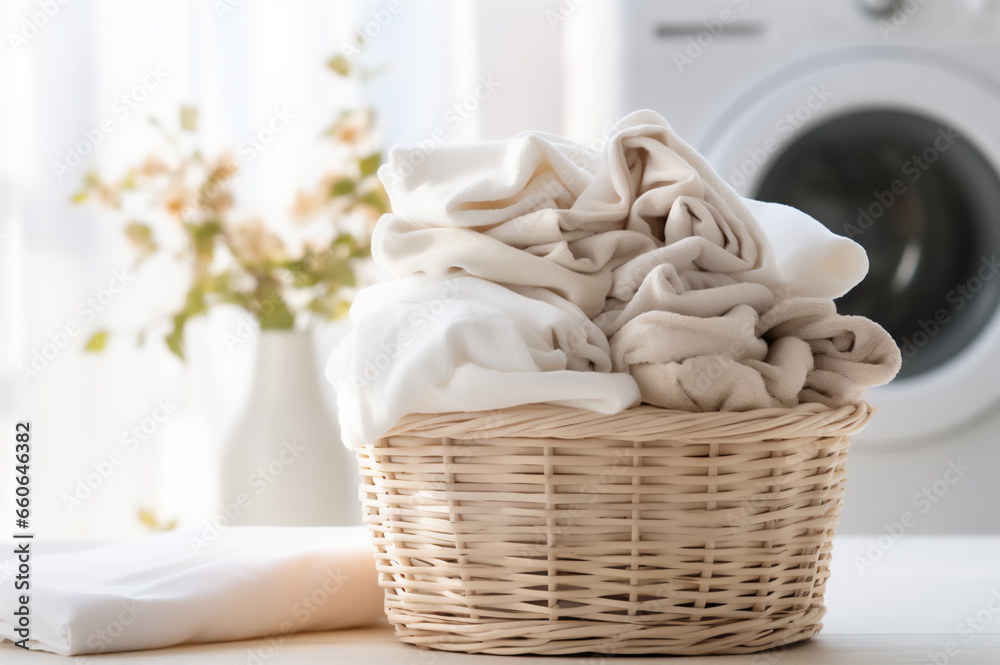 Washed and dried laundry in an eco-basket in the laundry room with a tumble dryer in the background. - obrazy, fototapety, plakaty 